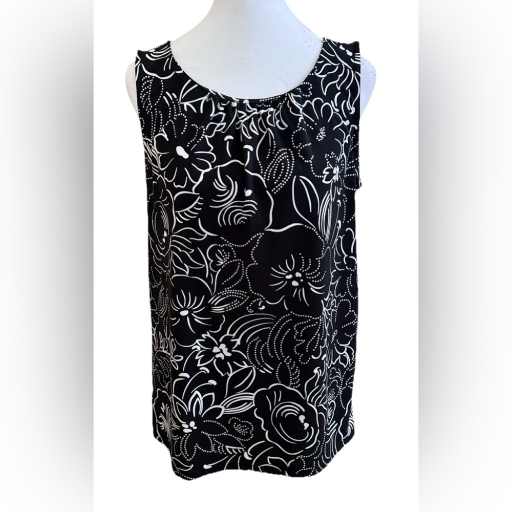 ANN TAYLOR Black + White Floral Knit Sleeveless Top Blouse With Tie Back Small